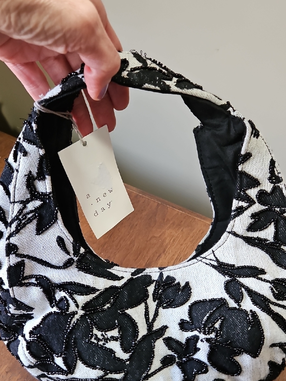 a new day Black & White Beaded Floral Hobo